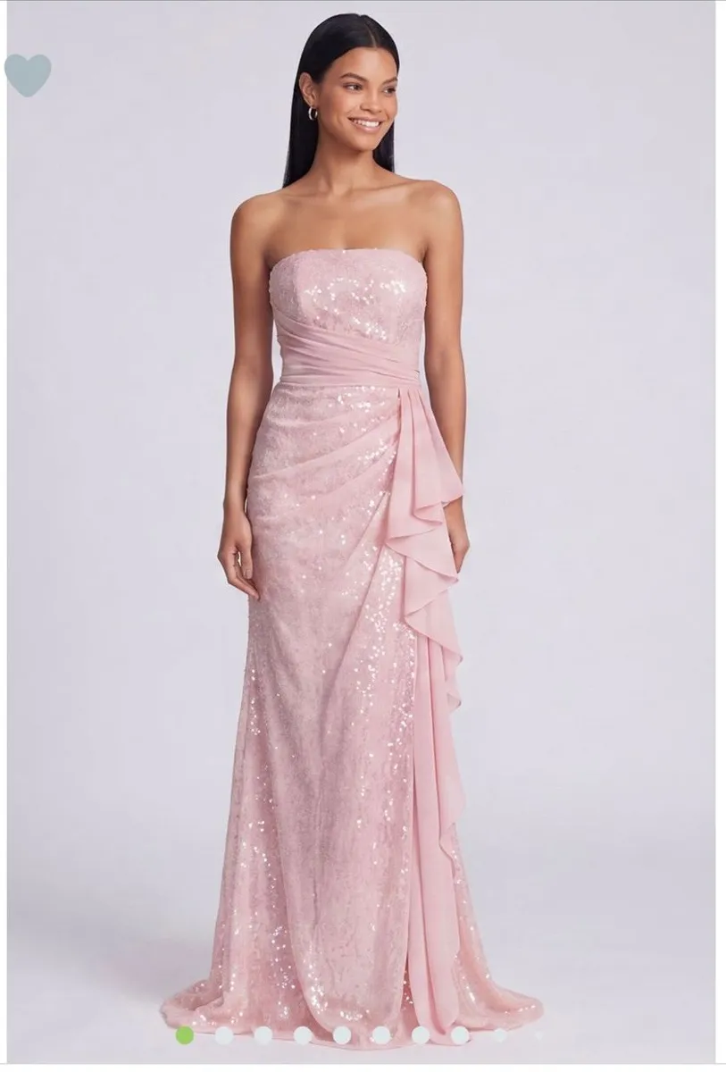Strapless light pink sequin ruched mermaid formal dress for rent in England